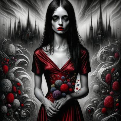 The primary subject of the image is a woman wearing a red dress. She is holding a bouquet of flowers, which includes a variety of different types of flowers. The setting is a dark, moody environment, possibly a forest or a night scene. The visual style is a digital art or illustration, with a focus on the woman and her flowers. The colors and mood of the image are dark and dramatic, with the red dress and flowers standing out against the dark background.